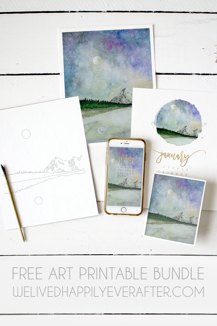 Free January Art Printable Bundle - Download Includes January 2018 Calendar, Mobile & Desktop Device Backgrounds, Art Print, Art Greeting Card, and Coloring Sheet 
