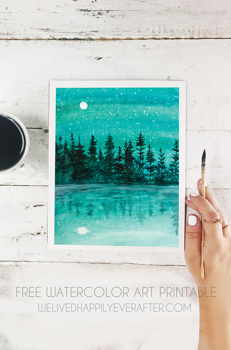 Printable Aqua Tree Line Lake Galaxy Watercolor Artwork