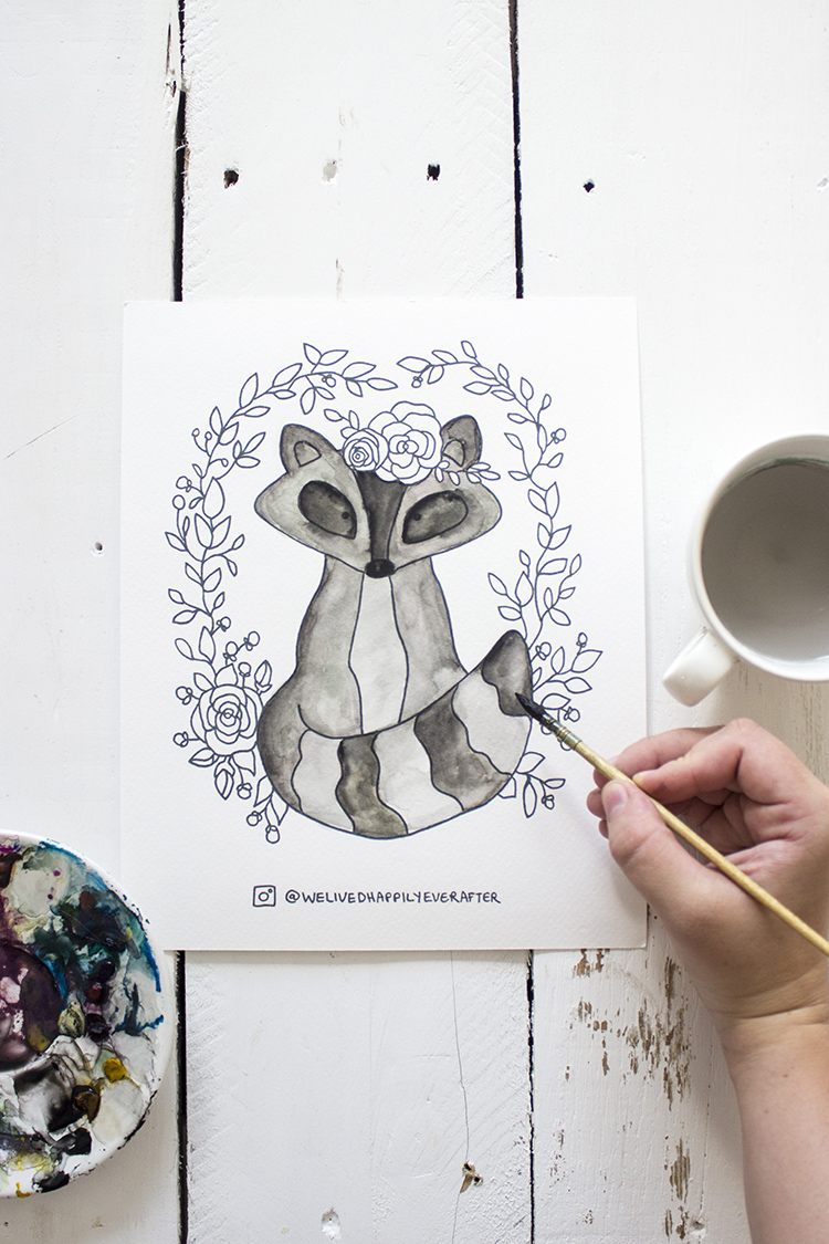 Free Printable Watercolor Adult Coloring Book Sheets - Woodland Forest Animals Part 2 (Deer, Raccoon, Hedgehog, Bunny Rabbit)