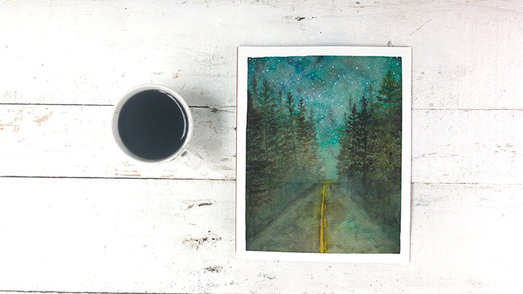 Moody Road At Night- Dark Starry Sky Evergreen Night Photography Watercolor Printable Artwork for Wall Decor