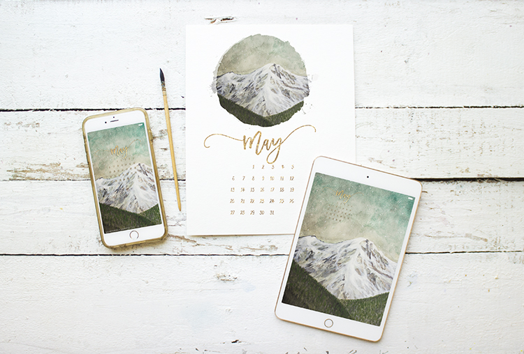 May 2018 Watercolor Mountain Forest Scenery Printable Mobile Desktop Printable Background Freebie