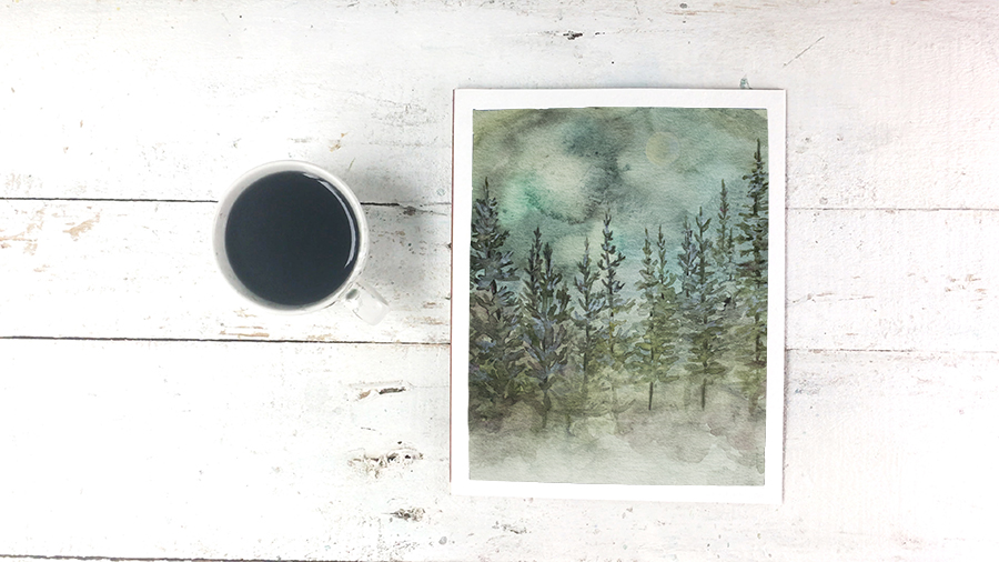Free Watercolor Mountain Pine Tree Forest Scenery Printable