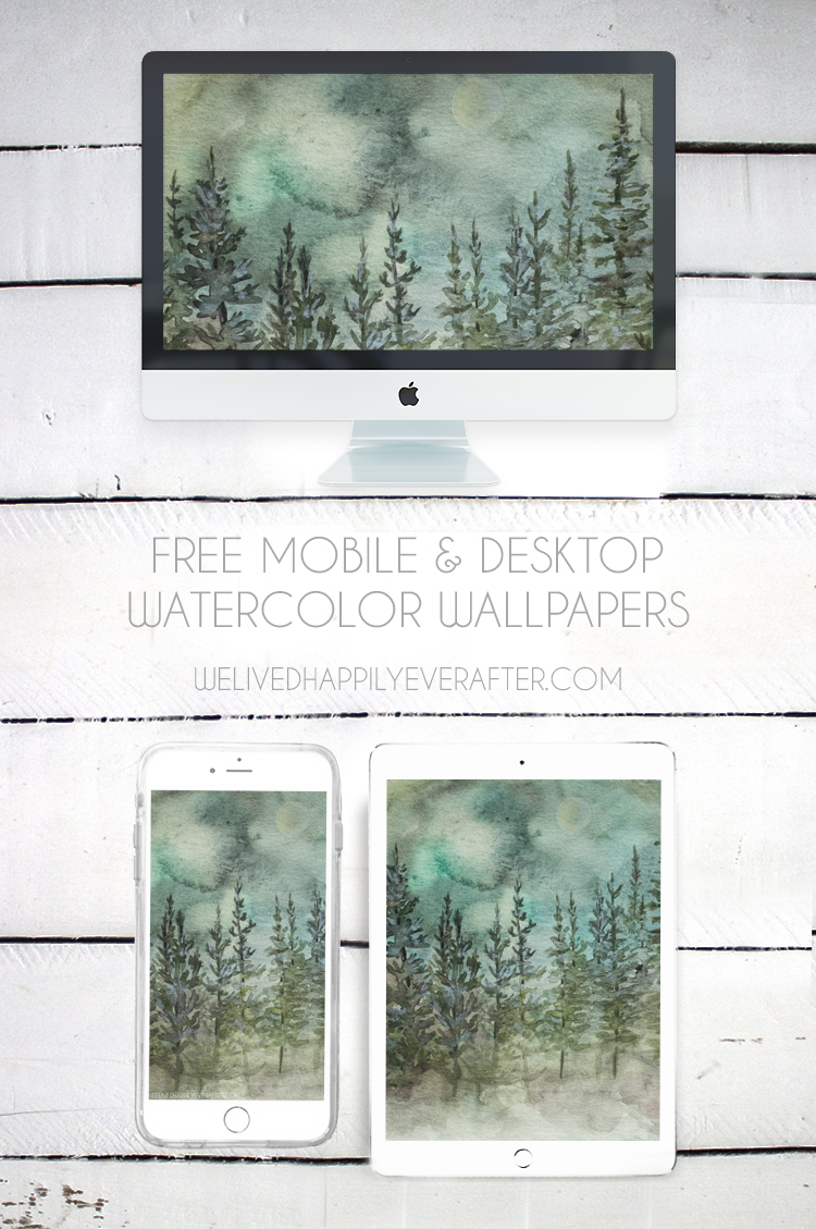 Free Watercolor Mountain Pine Tree Forest Scenery Mobile iPad iPhone iMac Desktop Laptop Background
