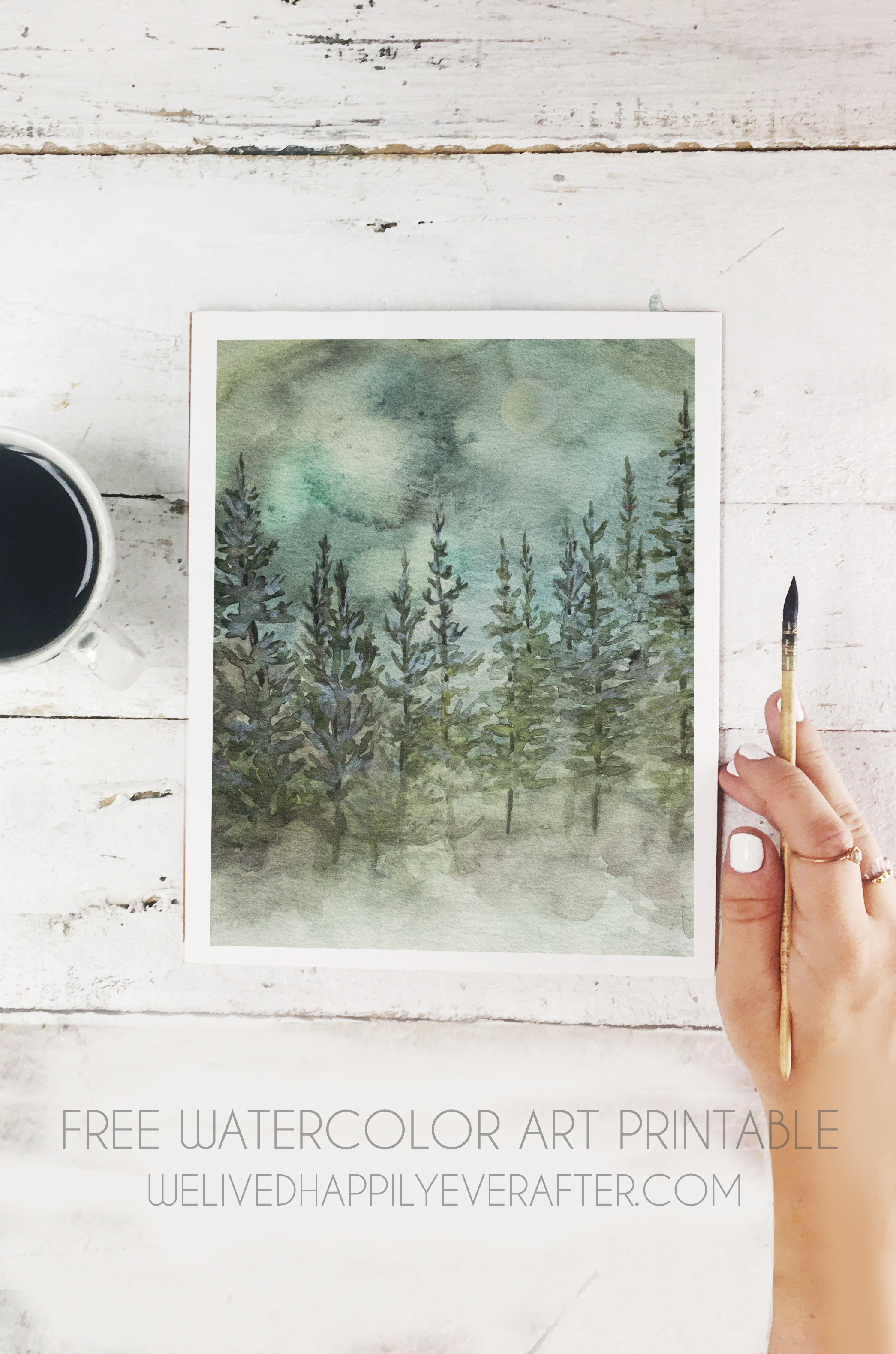 Free Watercolor Mountain Pine Tree Forest Scenery Printable We Lived Happily Ever After