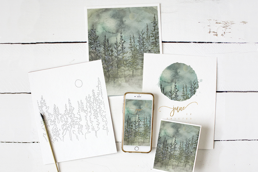 June 2018 Watercolor Forest Pine Tree Scenery Printable Mobile Desktop Printable Background Freebie