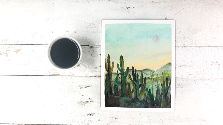 Free Watercolor Desert Cactus Sunset Moon Scenery Printable