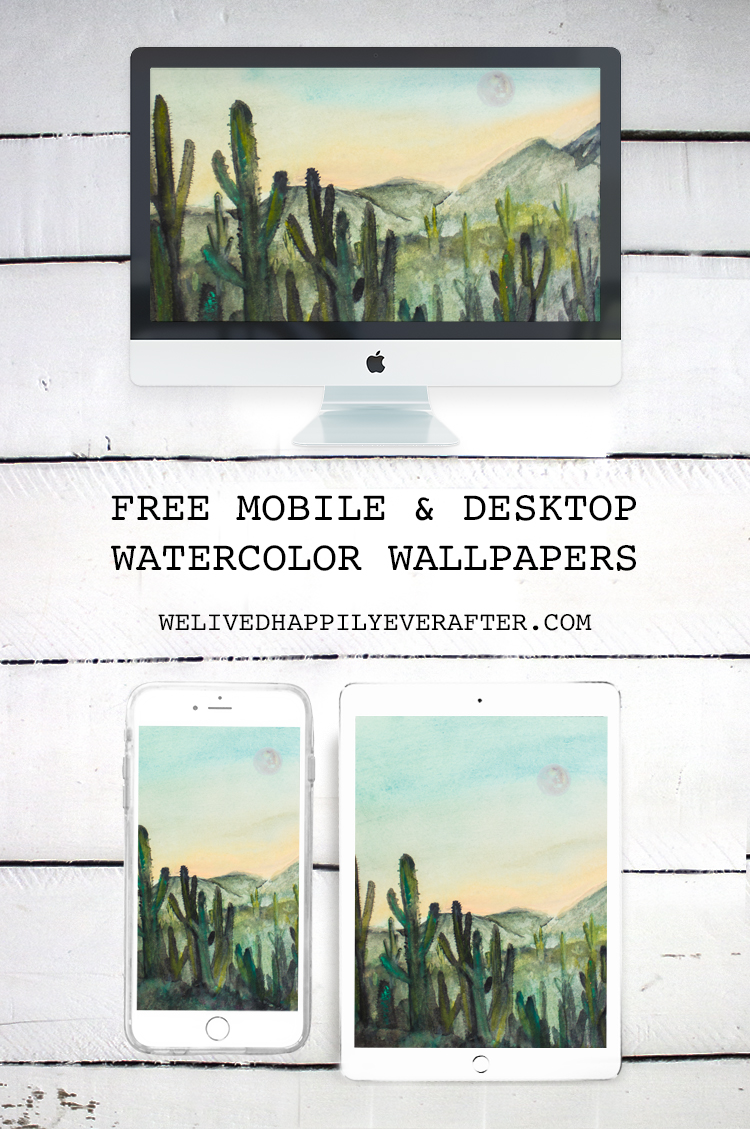 Free Watercolor Desert Cactus Sunset Moon Scenery Mobile iPad iPhone iMac Desktop Laptop Background