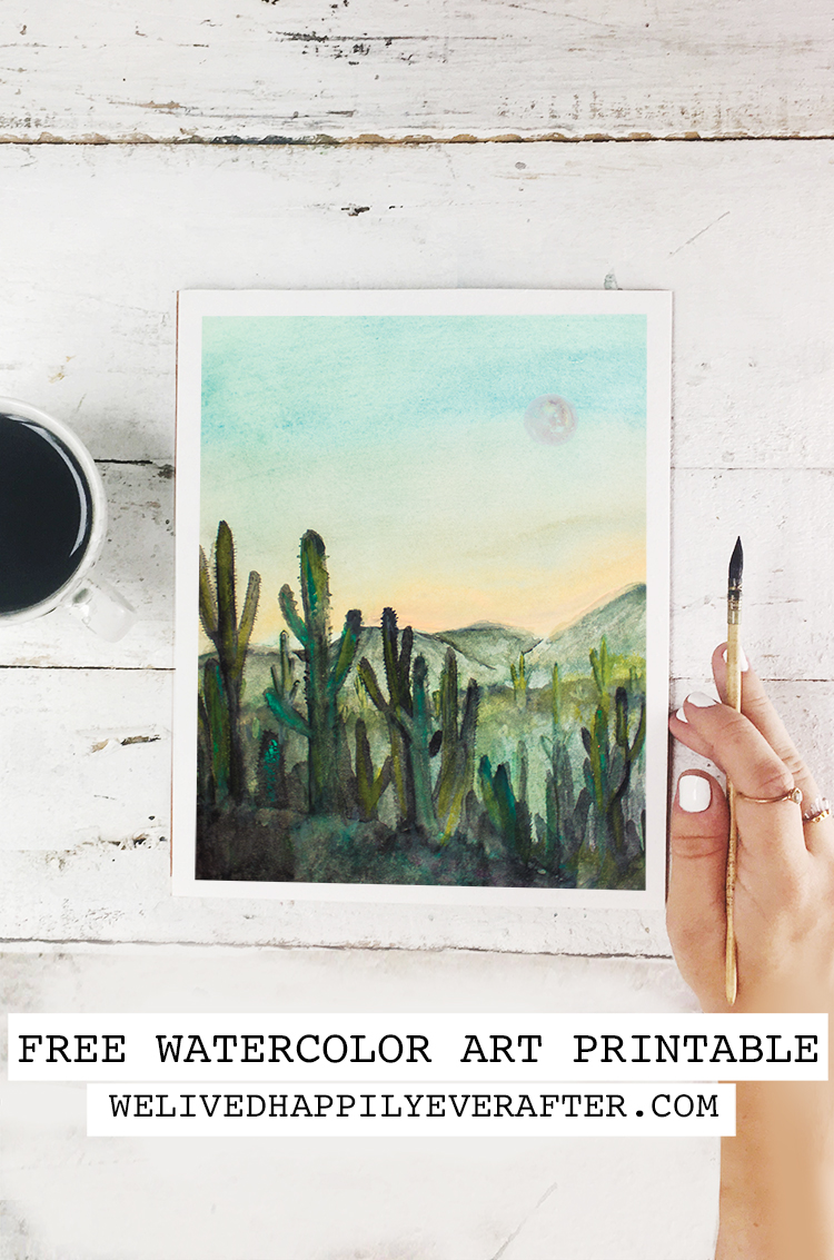 Free Watercolor Desert Cactus Sunset Moon Scenery Printable