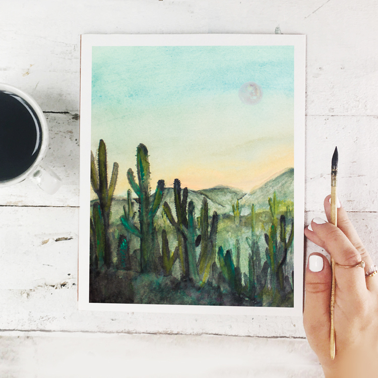 Free July 2018 Watercolor Desert Cactus Sunset Moon Scenery Adult