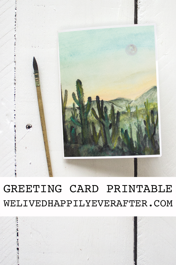 Free Watercolor Desert Cactus Sunset Moon Sceneryr Greeting Card Printable