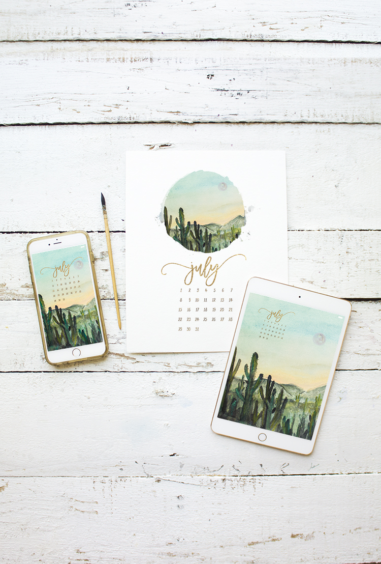 Free July 2018 Watercolor Desert Cactus Sunset Moonlight Scenery Printable Mobile Desktop Printable Background Freebie