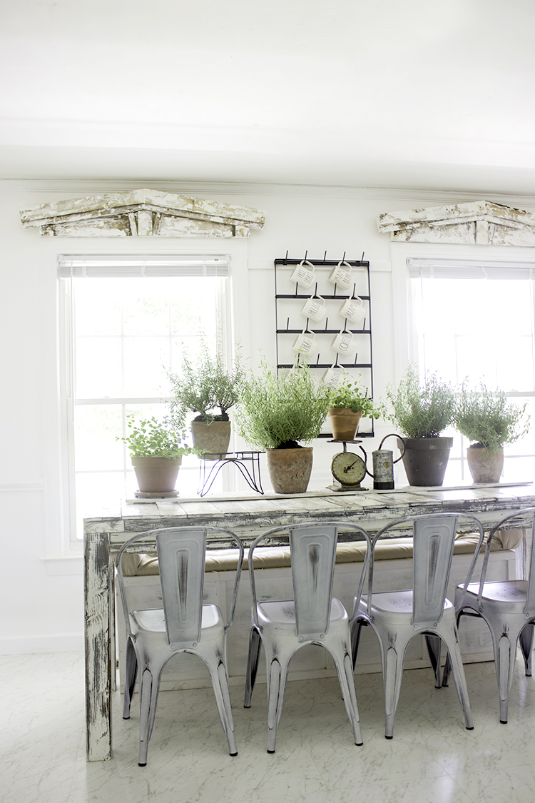 Farmhouse Summer Indoor Greenhouse Inspired Garden Dinning Room Decor- Potted Plants On Farmhouse Table