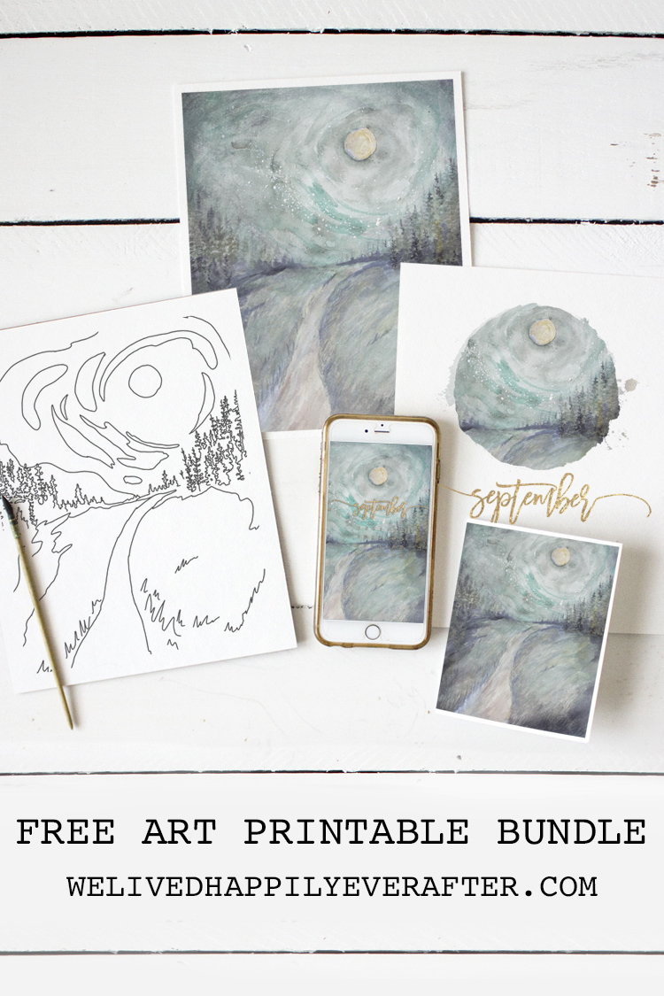 Free September 2018 Van Gogh Style Starry Night Sky, Dreamy Fairytale Watercolor Forest Field Mobile Desktop Printable Background Calendar Freebie