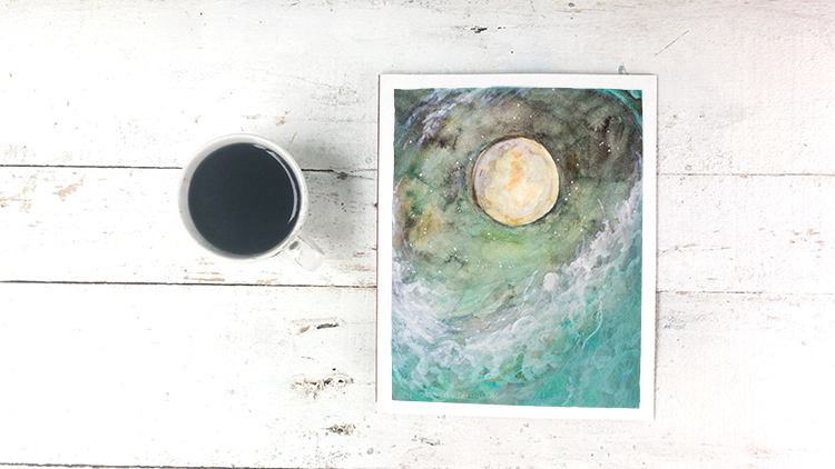 Free Watercolor Ocean Moon Wave Water Starry Night Sky Printable