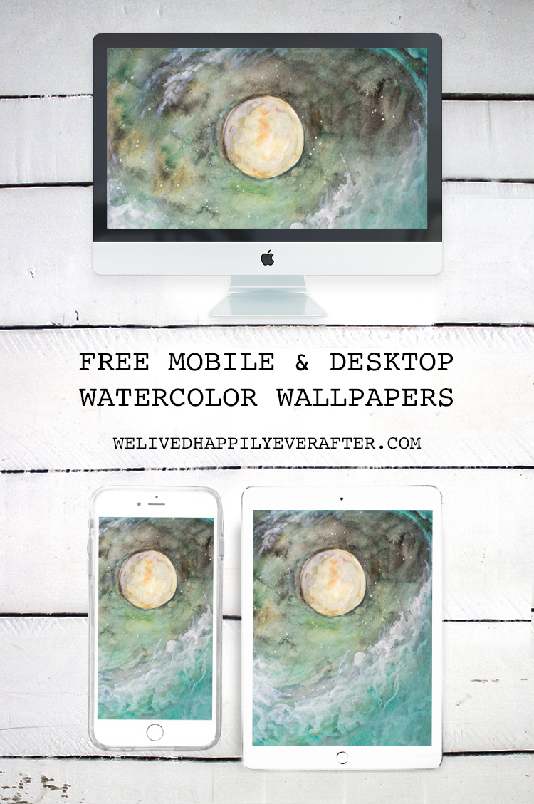 Free Watercolor Moon Starry Night Sky Wave Desktop Backgrounds/Screensaver Mobile iPad iPhone iMac Desktop Laptop Background