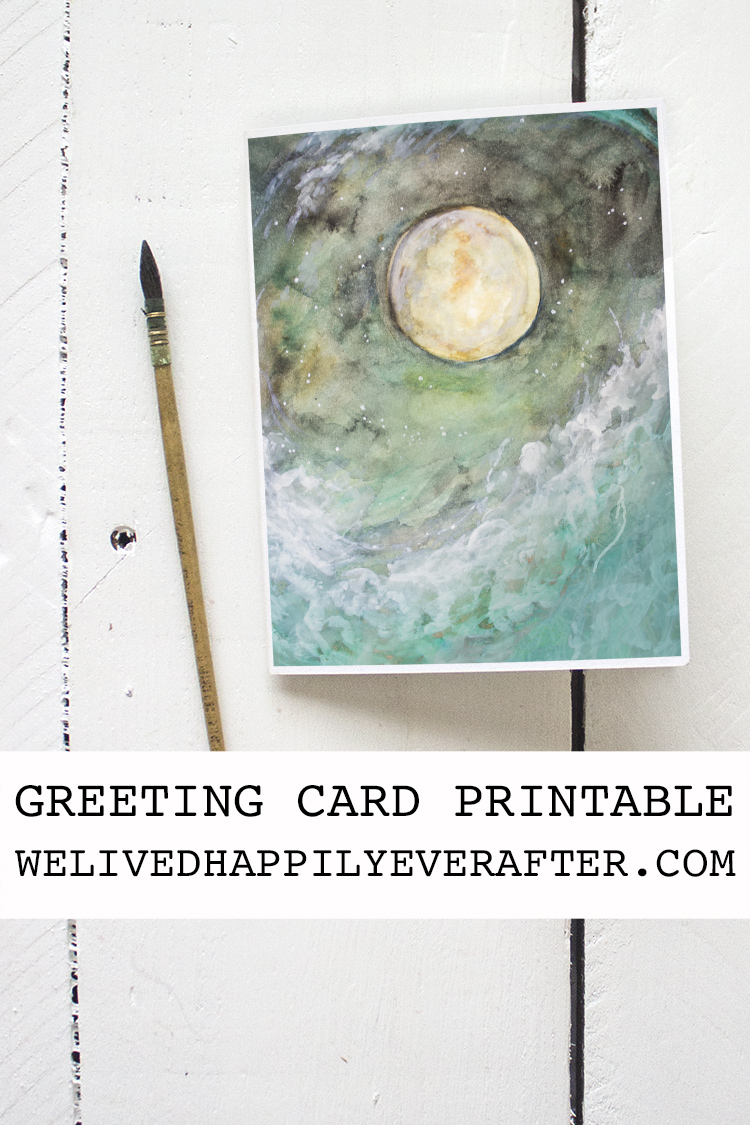 Free Starry Night Moon Ocean Wave Printable Watercolor Greeting Card
