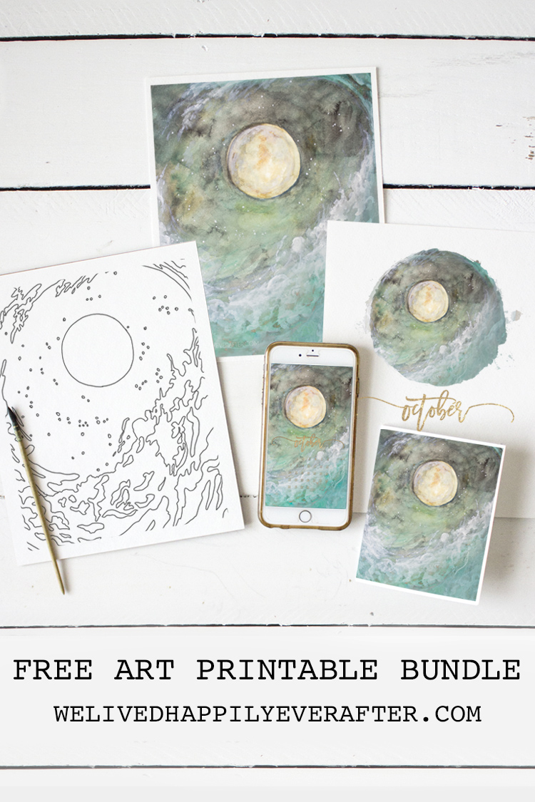Free October 2018 Moon Ocean Wave Starry Night Sky, Dreamy Fairytale Watercolor Forest Field Mobile Desktop Printable Background Calendar Freebie