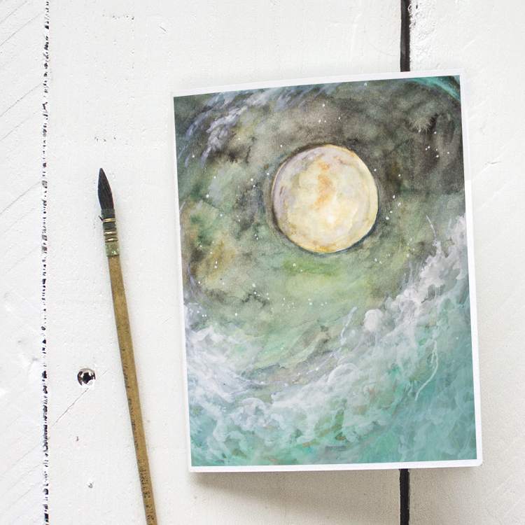 Free Starry Night Moon Ocean Wave Printable Watercolor Greeting Card