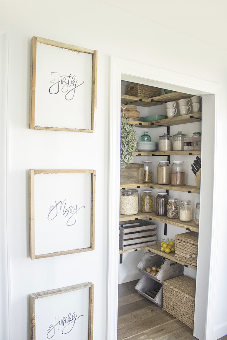 DIY Organized Walk In Modern Farmhouse Butler's Pantry Makeover With Floating Shelves - Using Crate & Pallet and Home Depot Brackets 