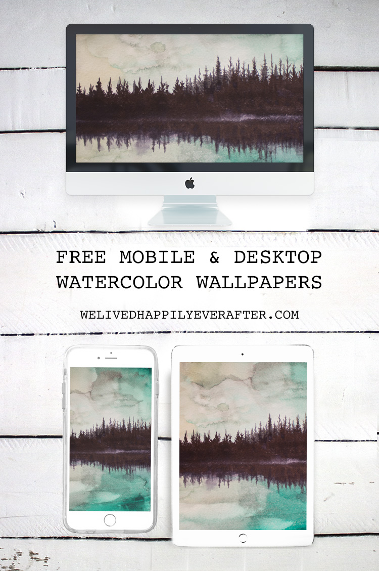Free Watercolor Winter Pine Forest Reflection Desktop Backgrounds/Screensaver Mobile iPad iPhone iMac Desktop Laptop Background