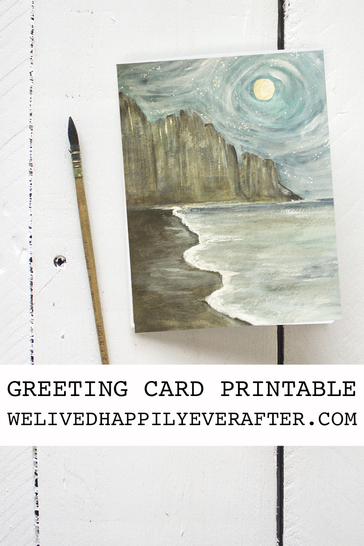 Free Ocean Cliff Beach By Moonlight Printable Watercolor Greeting Card
