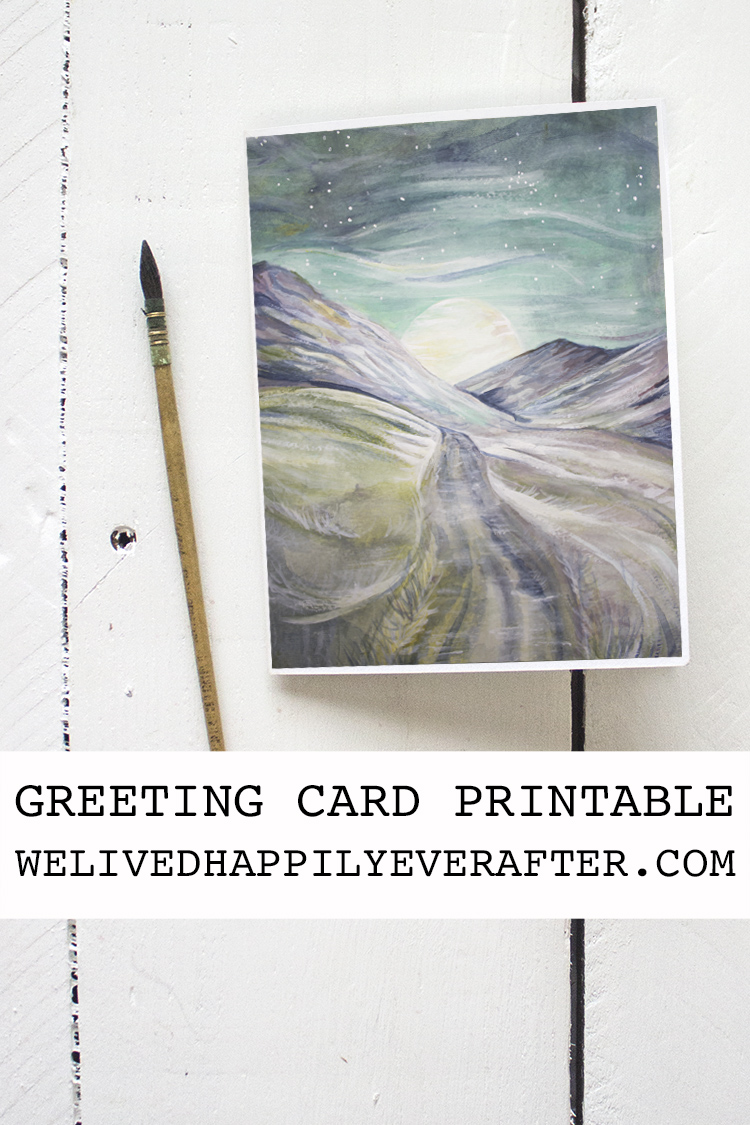 Free Moon & Mountain Nightscapet Printable Watercolor Greeting Card
