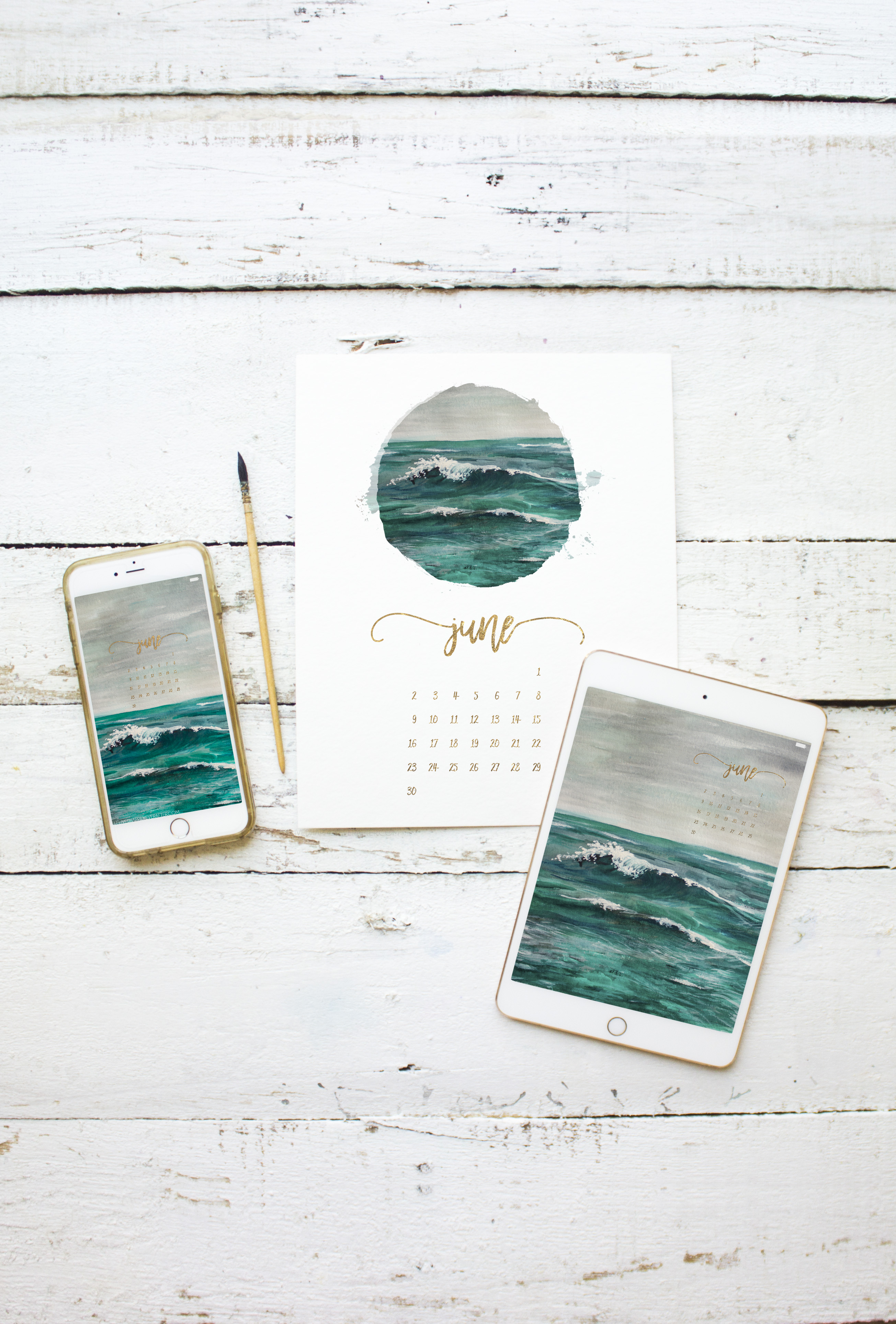  Playful Ocean Wave Watercolor June Calendar Free Printable