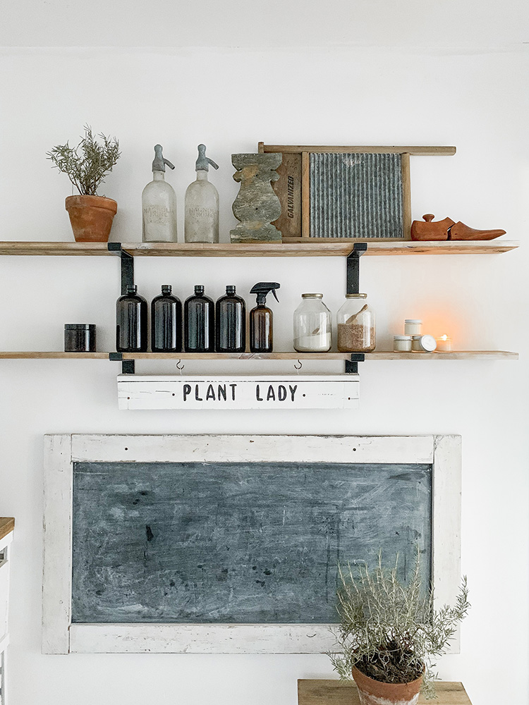 "Plant Lady" Farmhouse Laundry Room Makeover Gallery Wall Shelf