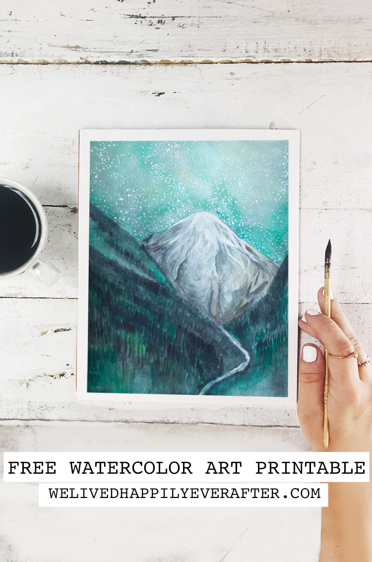 Majestic Mountainscape Valley Starry Night Sky Watercolor Free Printable Art Print