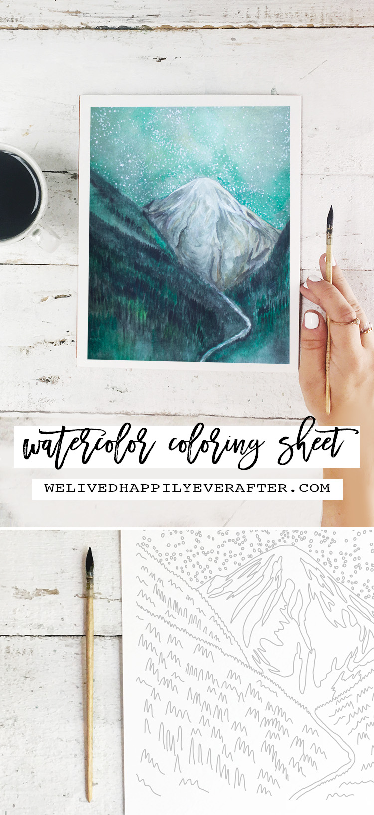Watercolor Coloring Sheet (For Adults!) Majestic Mountainscape Valley Starry Night Sky -Perfect For A DIY Girls Painting Party Night!