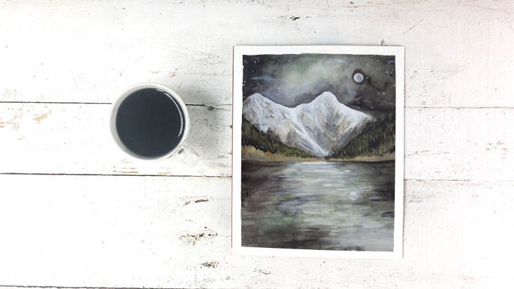 Moody Foggy Mountain Forest With October Moon & Lake Watercolor Free Printable Art Print