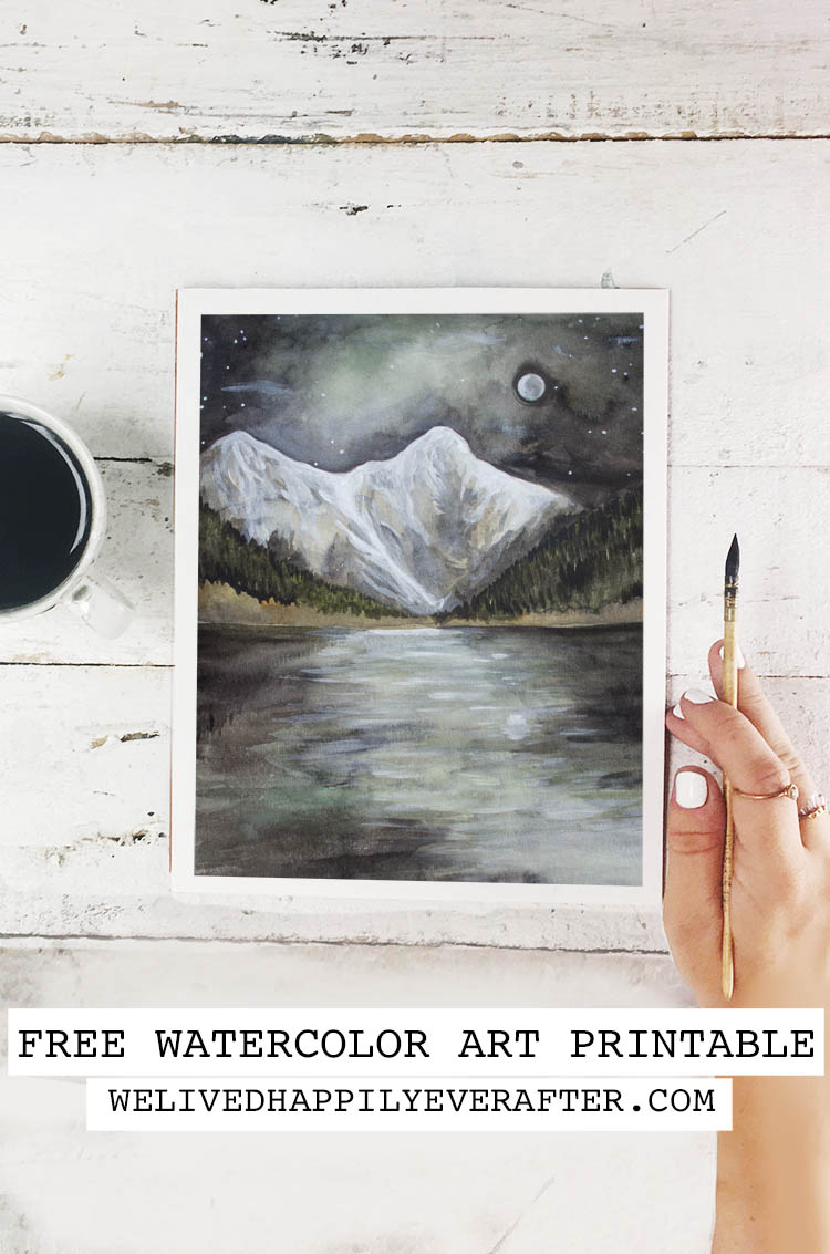 Moody Foggy Mountain Forest With October Moon & Lake Watercolor Free Printable Art Print