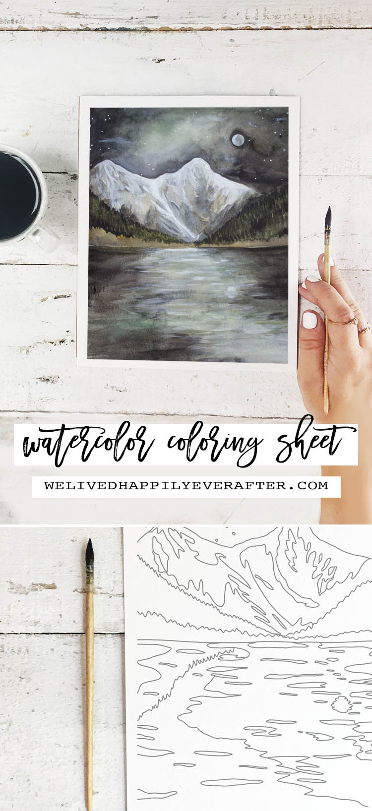 Watercolor Coloring Sheet (For Adults!) Moody Foggy Mountain Forest With October Moon & Lake -Perfect For A DIY Girls Painting Party Night!