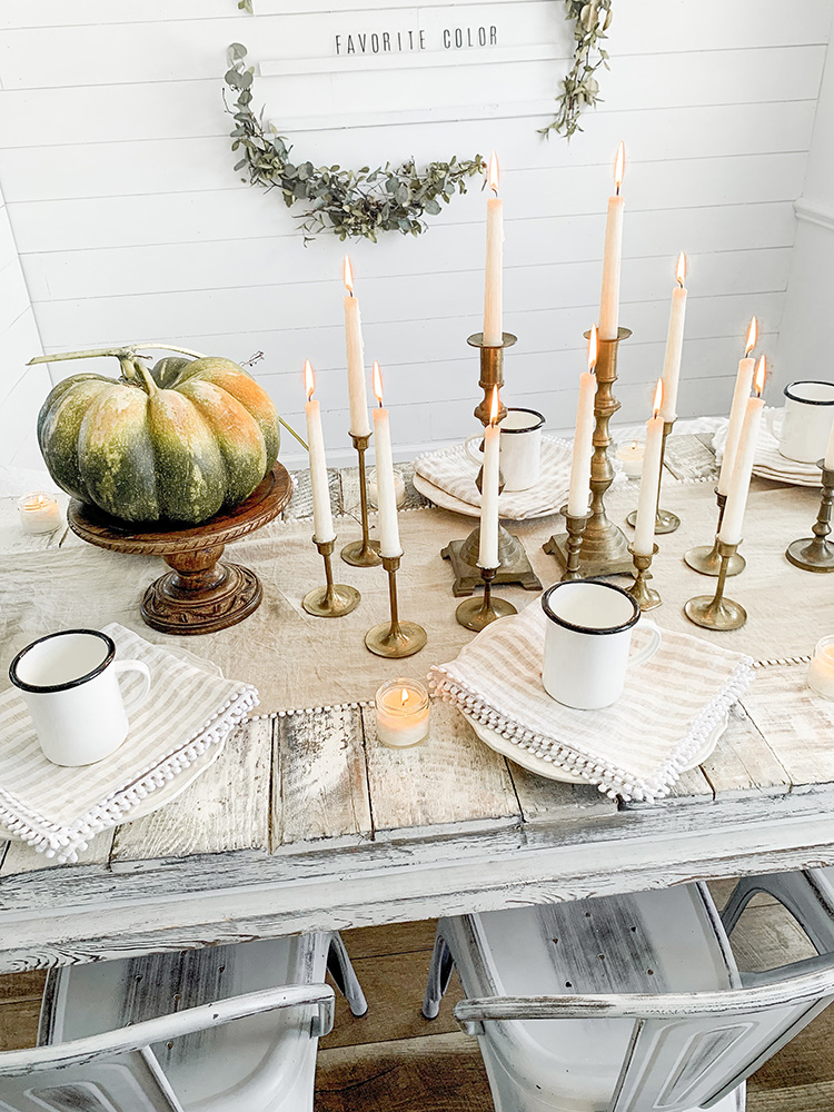 How Create A Friendsgiving Tablescape Set Up With Antique Brass Candlesticks And Dreamy Table Linens