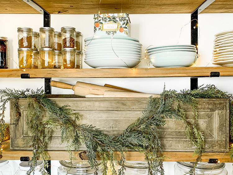 Walk In Butler's Pantry Decorated for Christmas With Garland And Copper Twinkle Lights