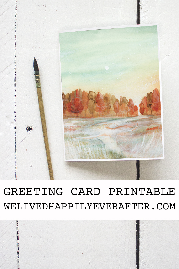 Colorful Fall Trees & Autumn Breezy Sunset Watercolor Painting - Greeting Card Printable