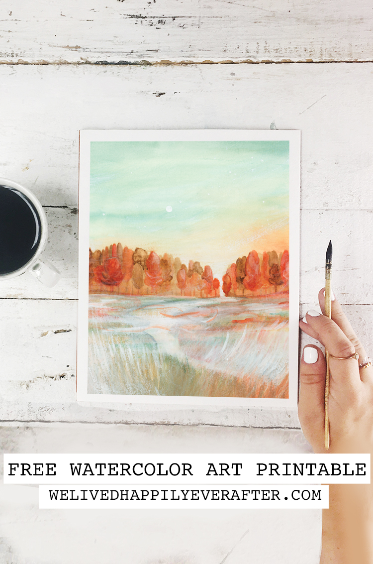 Colorful Fall Trees & Autumn Breezy Sunset Watercolor Painting - Free Printable Art Print