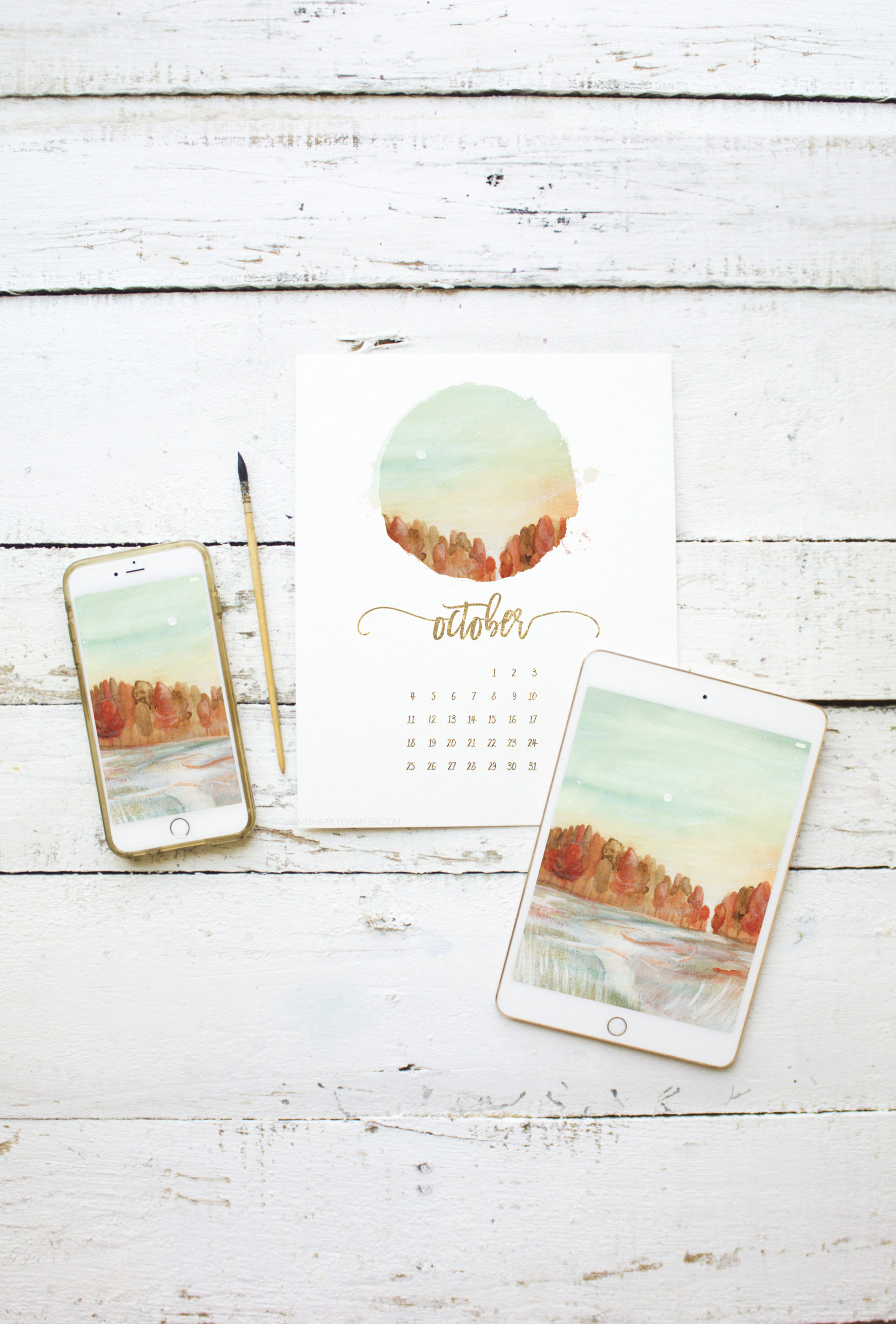 Colorful Fall Trees & Autumn Breezy Sunset Watercolor Painting - Free Printable Calendar