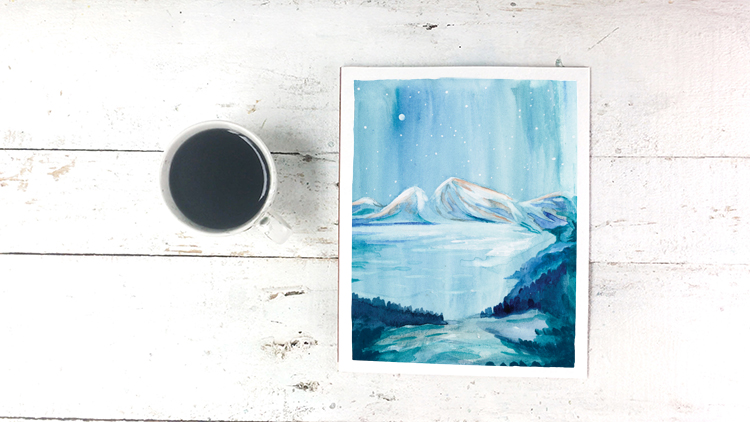 Northern Light Glow Over Winter Mountain & Lake Watercolor Painting - Free Printable Art Print