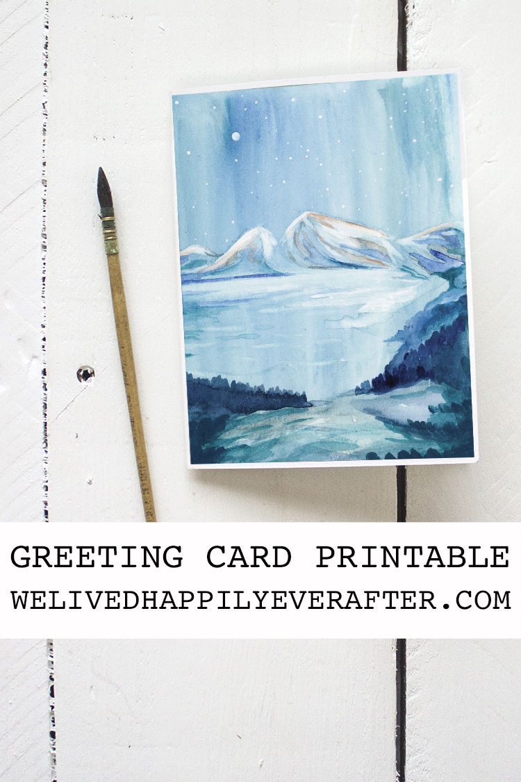 Northern Light Glow Over Winter Mountain & Lake Watercolor Painting - Greeting Card Printable