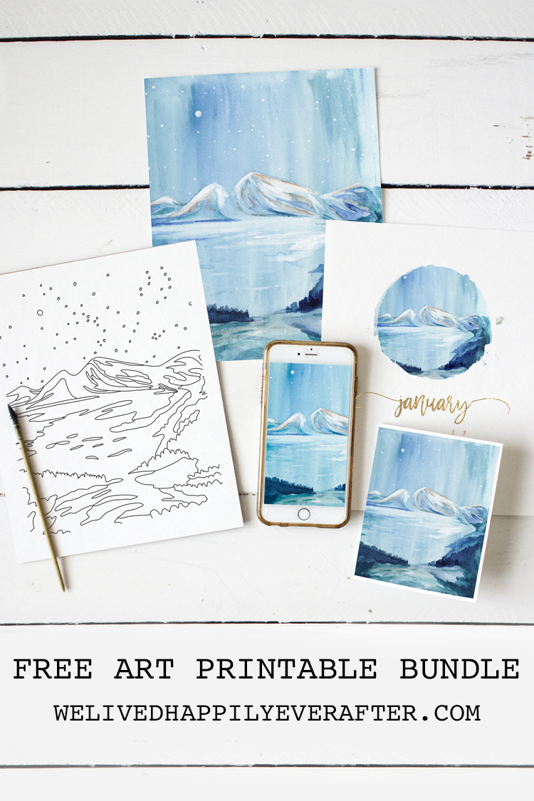 Northern Light Glow Over Winter Mountain & Lake Watercolor Painting - Free Printable Calendar