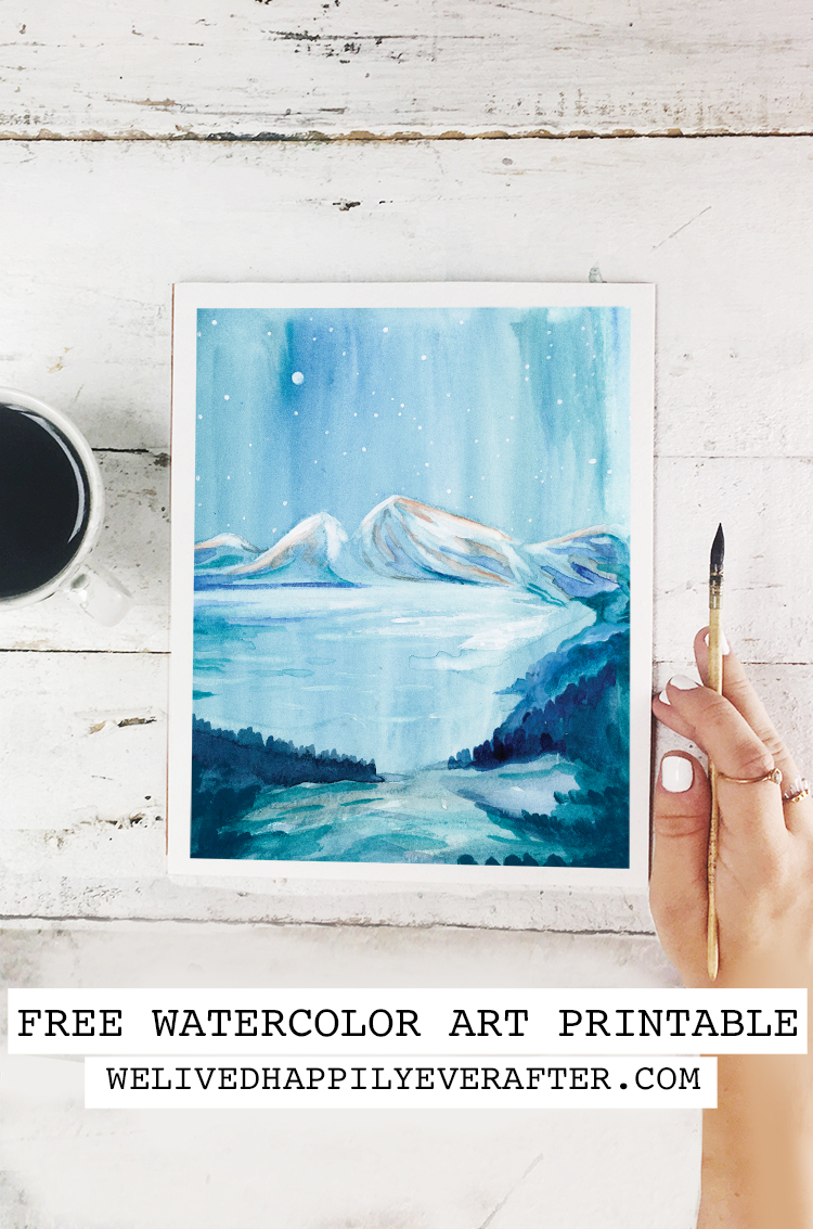 Northern Light Glow Over Winter Mountain & Lake Watercolor Painting - Free Printable Art Print