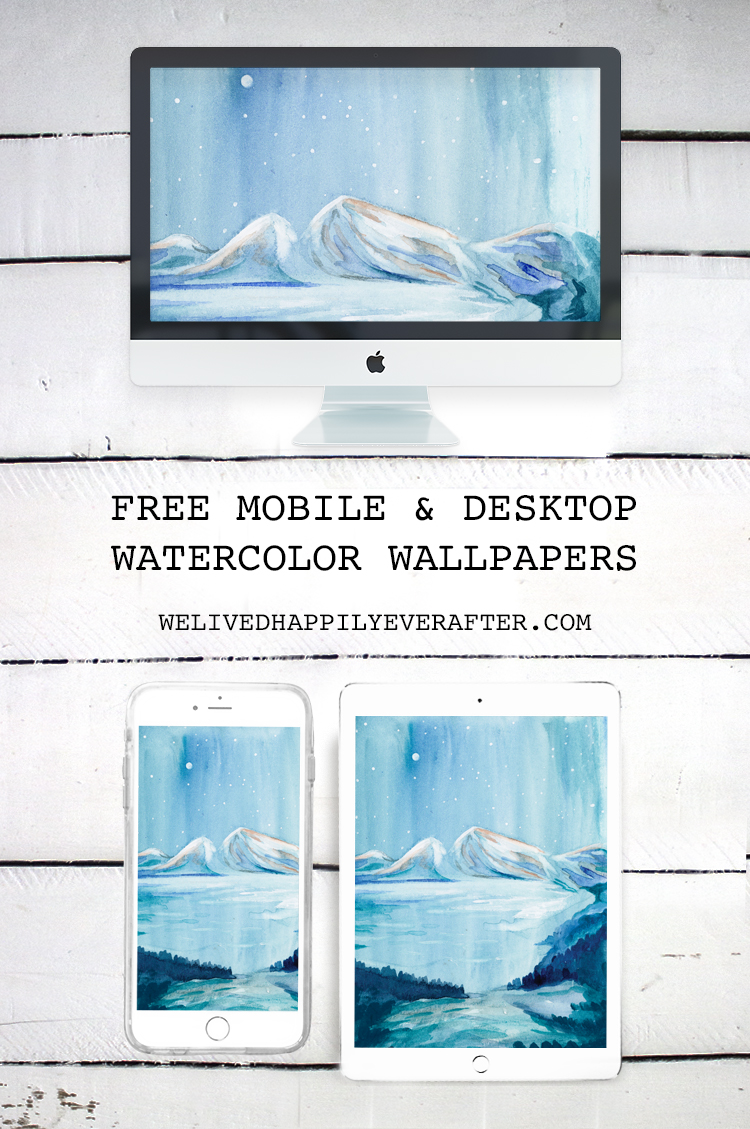 Frozen Mountain Forest Watercolor Painting - iPhone, iPad, iMac, Desktop & Laptop Background Screensavers