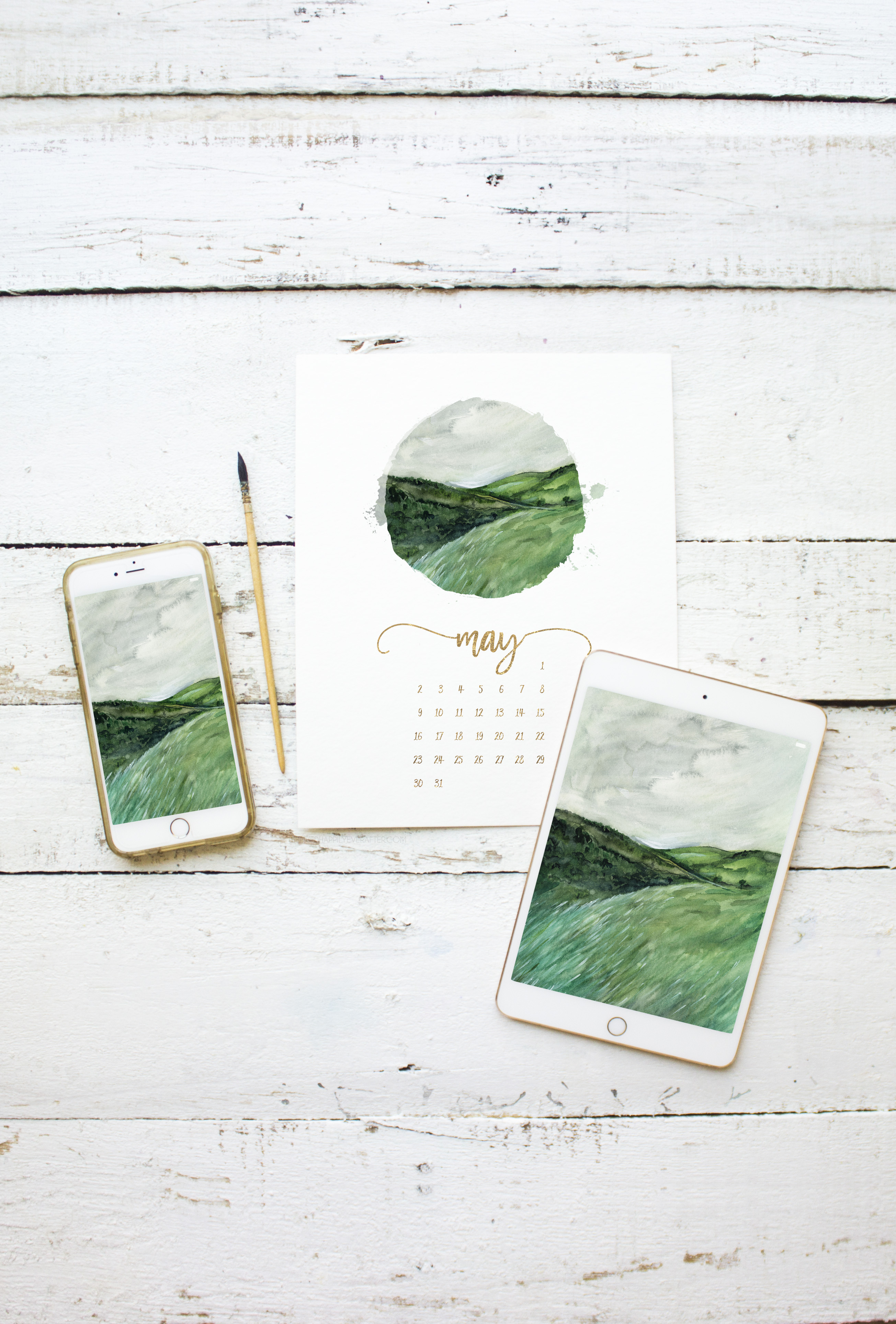 Green Rolling Hills Watercolor Painting - Free Printable Calendar