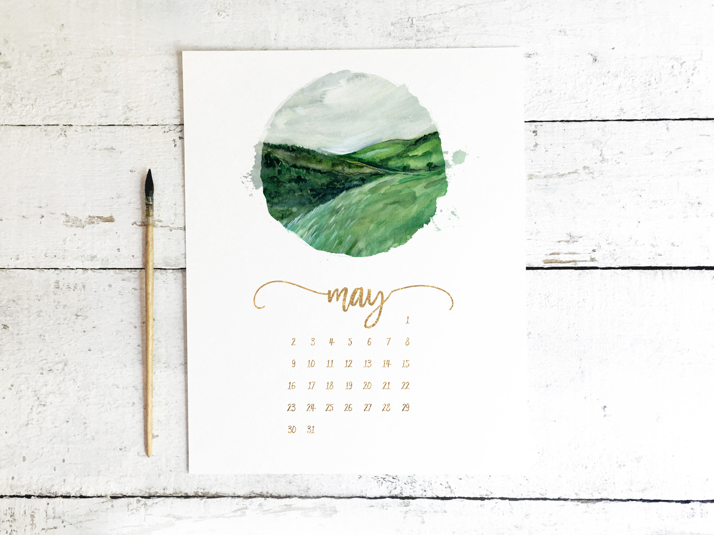 Spring Valley Watercolor Painting - Free Printable Calendar