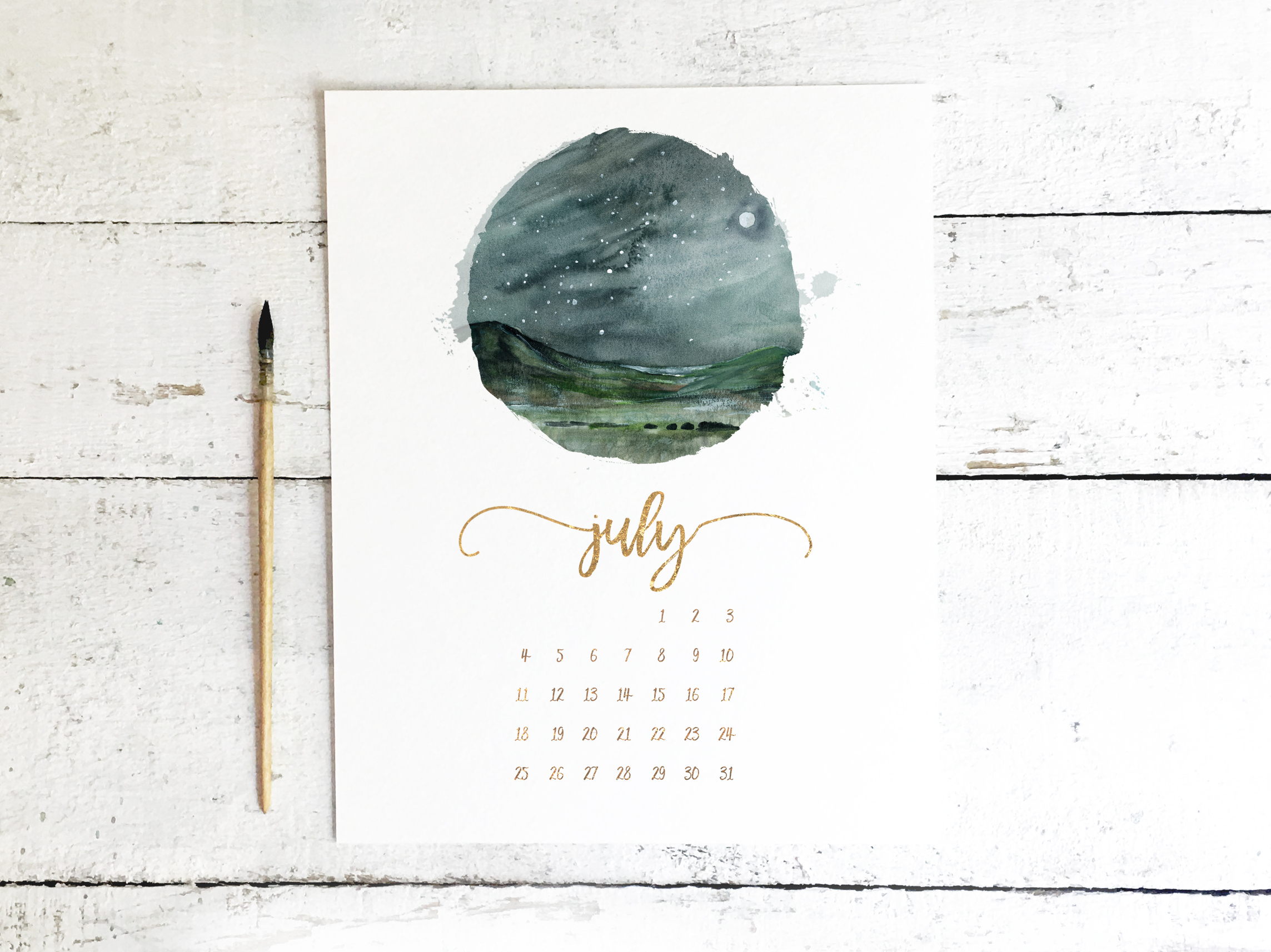 Prairie Grass Star Gazing Watercolor Painting - Free Printable Calendar