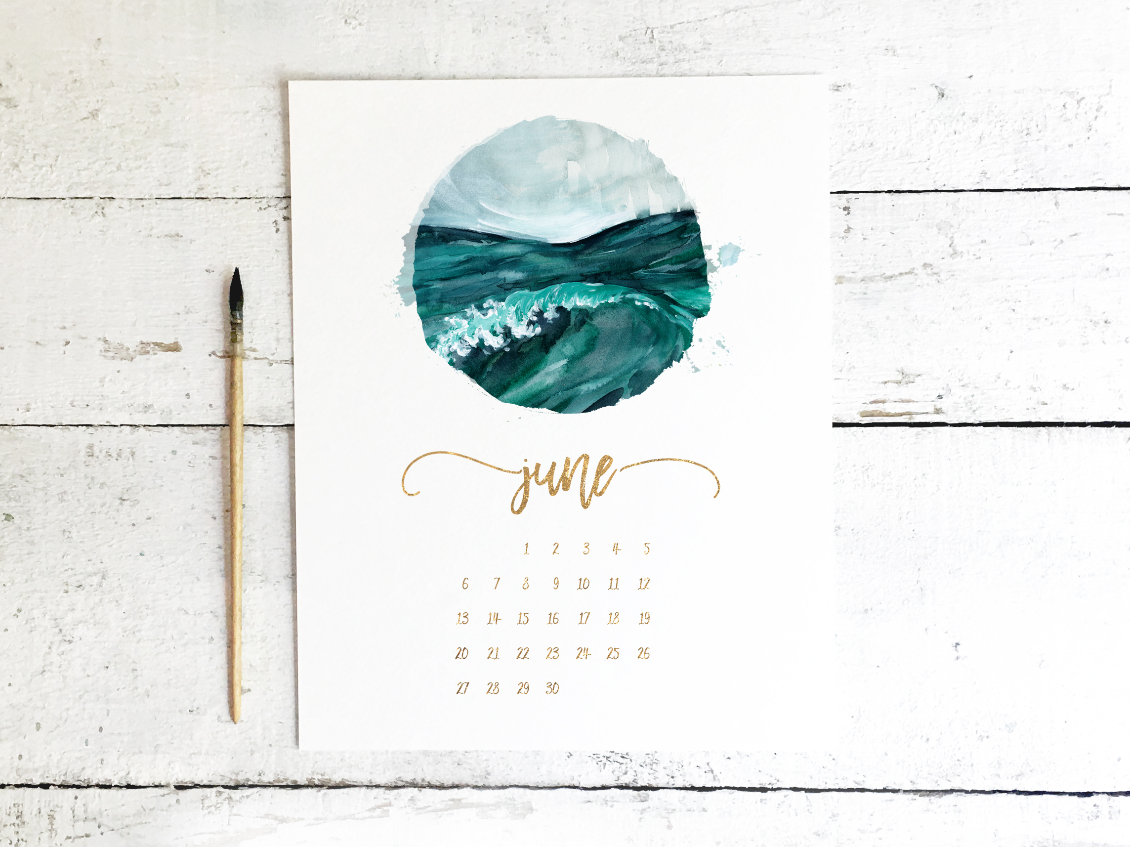 Summer Beach Ocean Waves Watercolor Painting - Free Printable Calendar