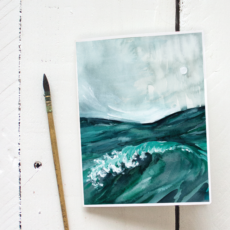 Summer Beach Ocean Waves Watercolor Painting - Greeting Card Printable
