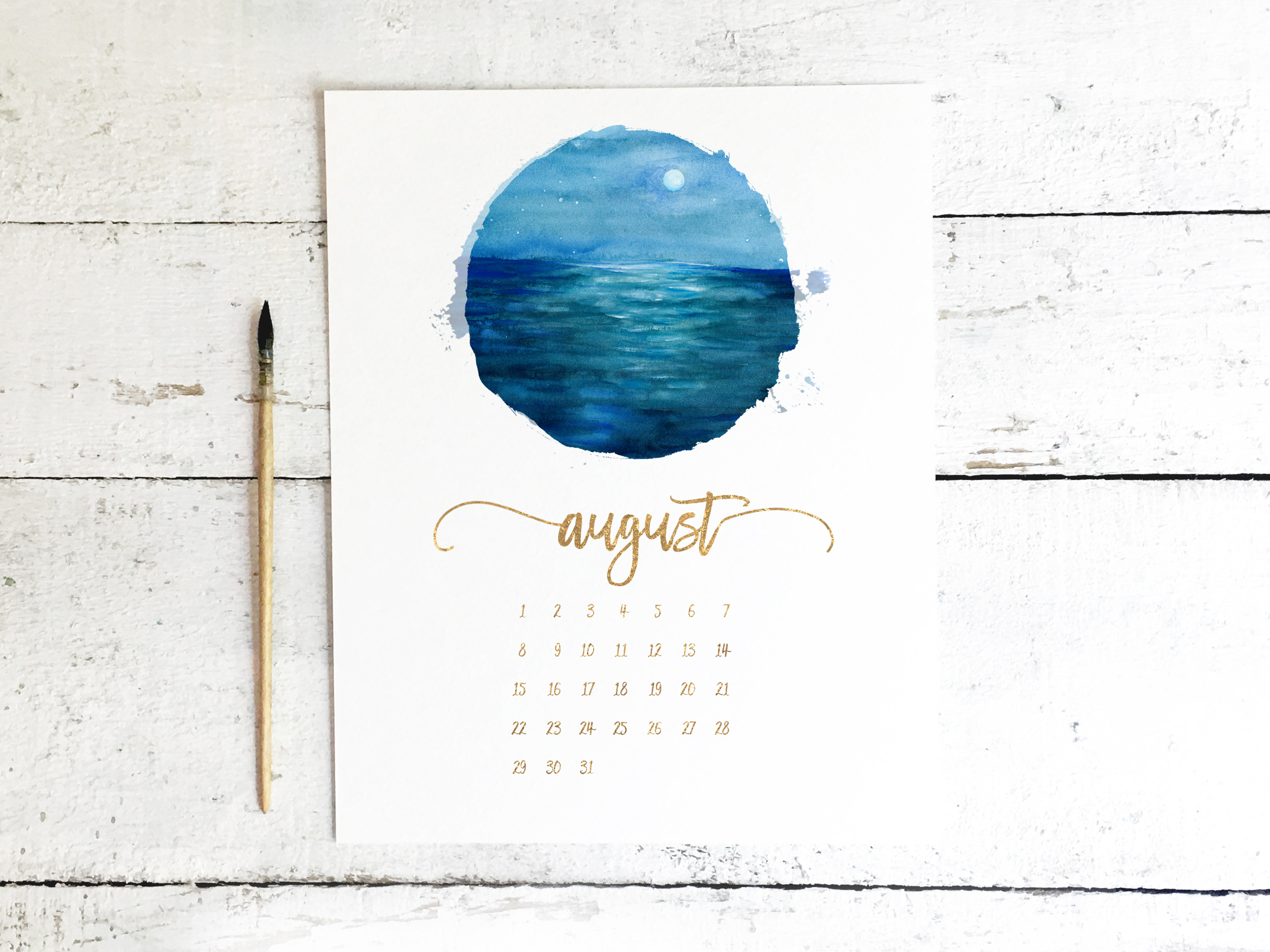 Quiet Peaceful Ocean View Watercolor Painting - Free Printable Calendar