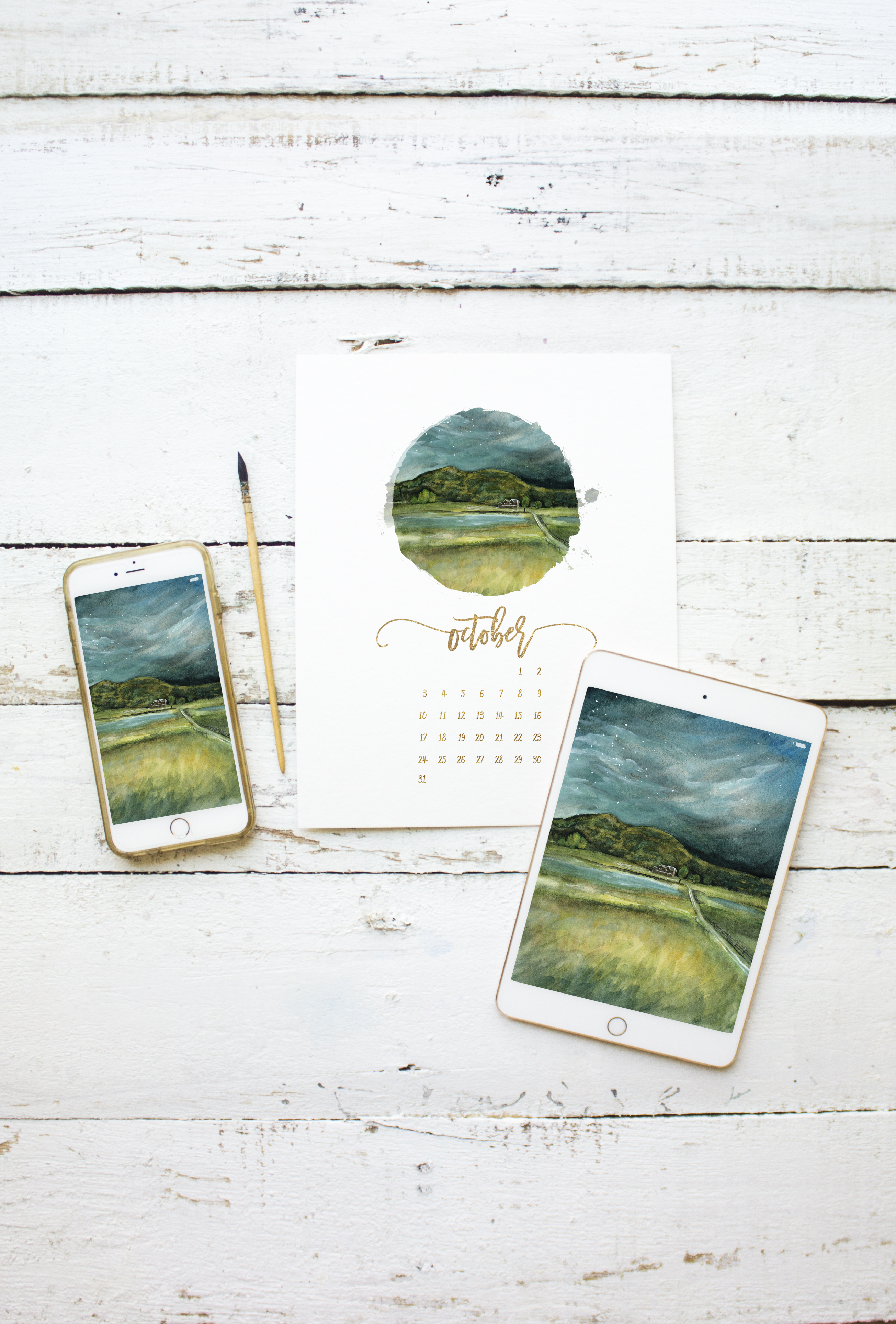 Transition to Fall In The Mountains Watercolor Painting - Free Printable Calendar